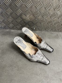 Vintage genuine leather heeled mules grey