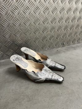 Vintage genuine leather heeled mules grey