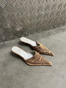 Vintage heeled distressed canvas mules brown