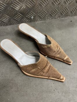 Vintage heeled distressed canvas mules brown