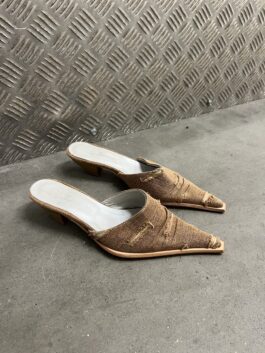 Vintage heeled distressed canvas mules brown