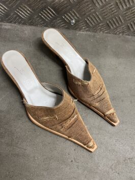 Vintage heeled distressed canvas mules brown