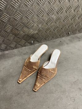 Vintage heeled distressed canvas mules brown