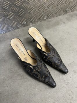 Vintage genuine leather heeled mules brown