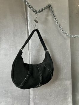 Vintage real leather suede moon shape shoulderbag black