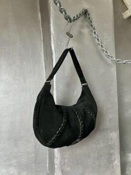 Vintage real leather suede moon shape shoulderbag black