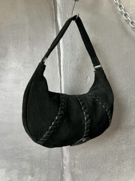 Vintage real leather suede moon shape shoulderbag black