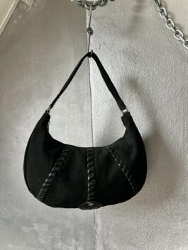 Vintage real leather suede moon shape shoulderbag black