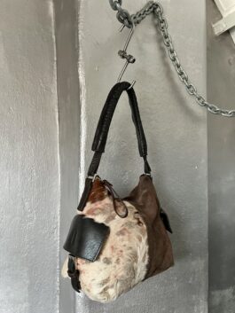 Vintage real leather suede shoulderbag with cowhide brown