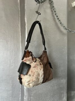 Vintage real leather suede shoulderbag with cowhide brown