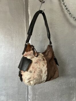 Vintage real leather suede shoulderbag with cowhide brown