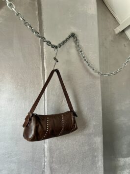 Vintage real leather shoulderbag with silver stud details brown