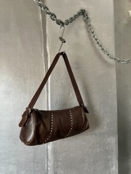 Vintage real leather shoulderbag with silver stud details brown