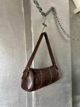 Vintage real leather shoulderbag with silver stud details brown