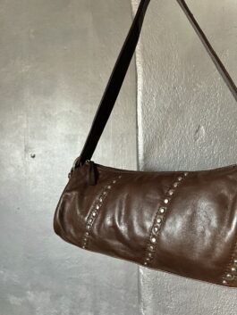 Vintage real leather shoulderbag with silver stud details brown