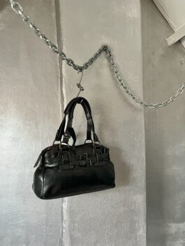 Vintage real leather handbag with buckle straps black