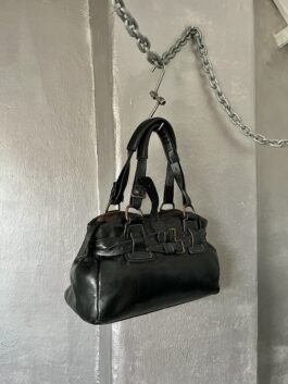 Vintage real leather handbag with buckle straps black