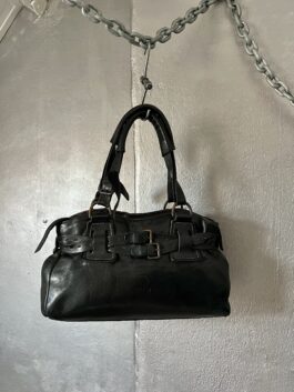 Vintage real leather handbag with buckle straps black