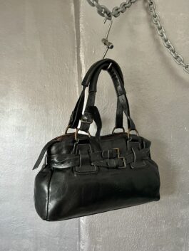 Vintage real leather handbag with buckle straps black