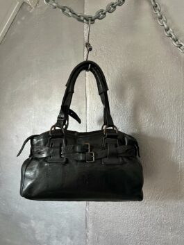 Vintage real leather handbag with buckle straps black