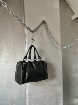 Vintage real leather handbag with silver hardware black