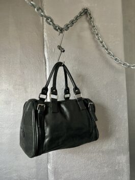 Vintage real leather handbag with silver hardware black