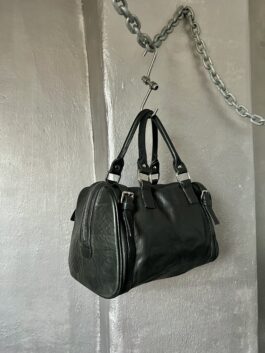 Vintage real leather handbag with silver hardware black