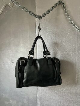 Vintage real leather handbag with silver hardware black