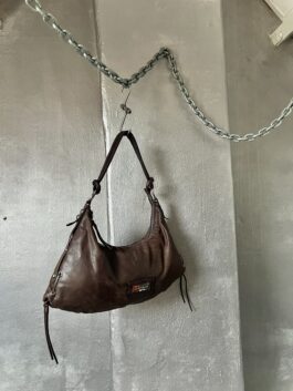 Vintage real leather large shoulderbag with silver hardware brown