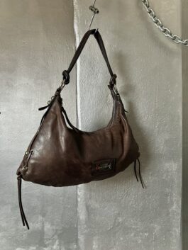 Vintage real leather large shoulderbag with silver hardware brown