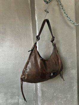 Vintage real leather large shoulderbag with silver hardware brown