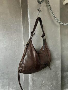 Vintage real leather large shoulderbag with silver hardware brown