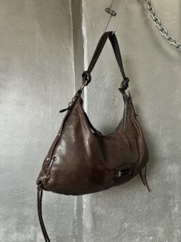 Vintage real leather large shoulderbag with silver hardware brown