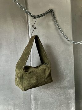 Vintage real leather suede shoulderbag with silver studs khaki