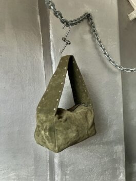 Vintage real leather suede shoulderbag with silver studs khaki