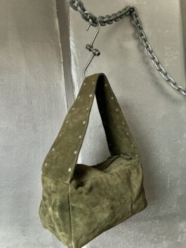 Vintage real leather suede shoulderbag with silver studs khaki