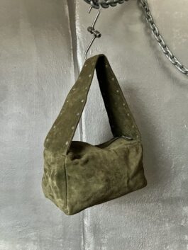 Vintage real leather suede shoulderbag with silver studs khaki