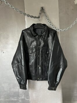 Vintage oversized real leather denim look jacket black