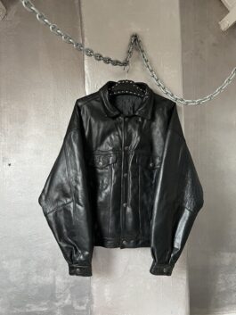 Vintage oversized real leather denim look jacket black