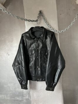 Vintage oversized real leather denim look jacket black