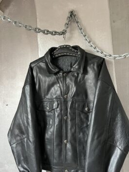 Vintage oversized real leather denim look jacket black