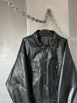 Vintage oversized real leather denim look jacket black