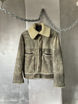 Vintage real leather aviator shearling lammy coat grey