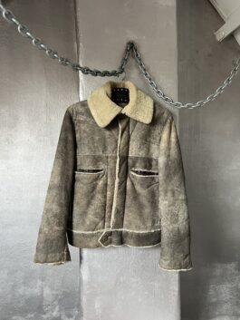 Vintage real leather aviator shearling lammy coat grey