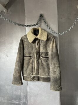 Vintage real leather aviator shearling lammy coat grey