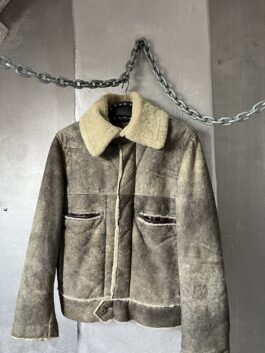 Vintage real leather aviator shearling lammy coat grey