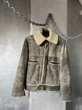 Vintage real leather aviator shearling lammy coat grey