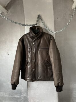 Vintage oversized real leather bomber jacket with padded sleeves brown