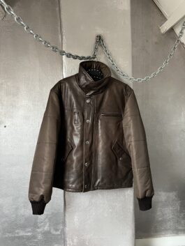 Vintage oversized real leather bomber jacket with padded sleeves brown