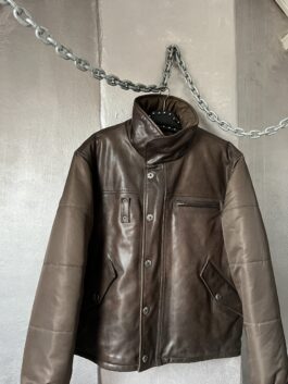 Vintage oversized real leather bomber jacket with padded sleeves brown